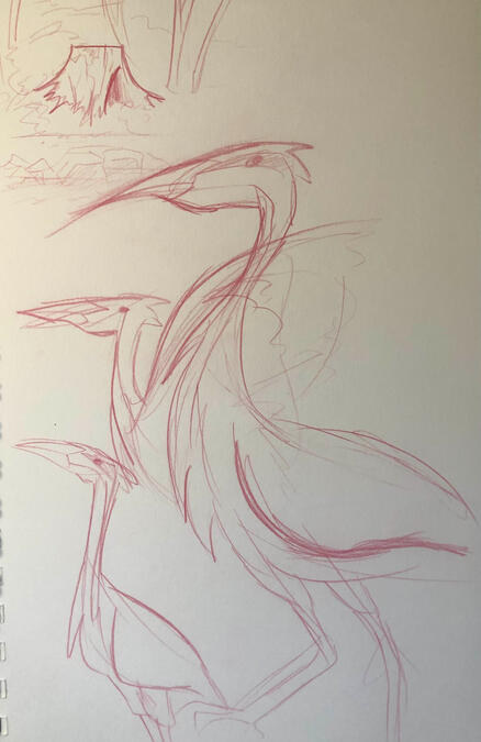 Cranes Some gesture sketches of some cranes I saw in a park. Also includes a still life sketch of a stump from that same park.