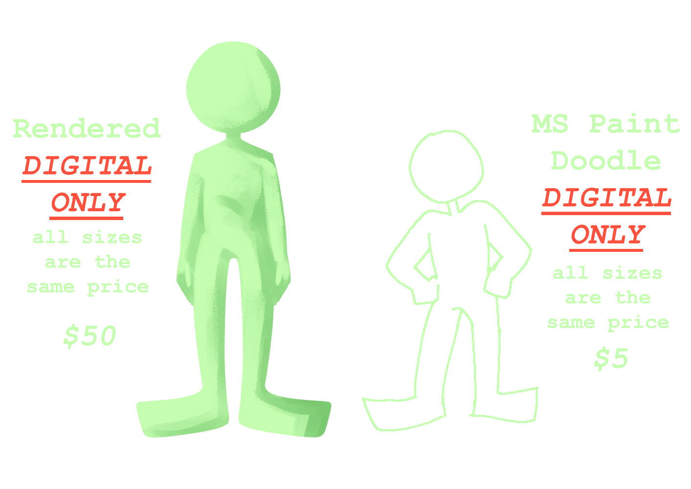 A rendered piece is digital only and costs $50 no matter if you ask for a bust, torso-up, or full-body. A Microsoft Paint doodle is digital only and costs $5 no matter if you ask for a bust, torso-up, or full-body.